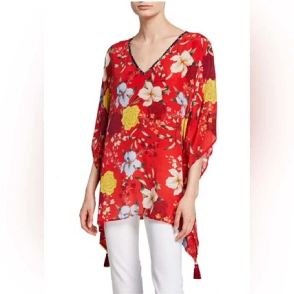 NWT Jade Johnny Was Top Red Silk Vega Tunic Pullover Floral Dress Boho XS - Picture 2 of 7
